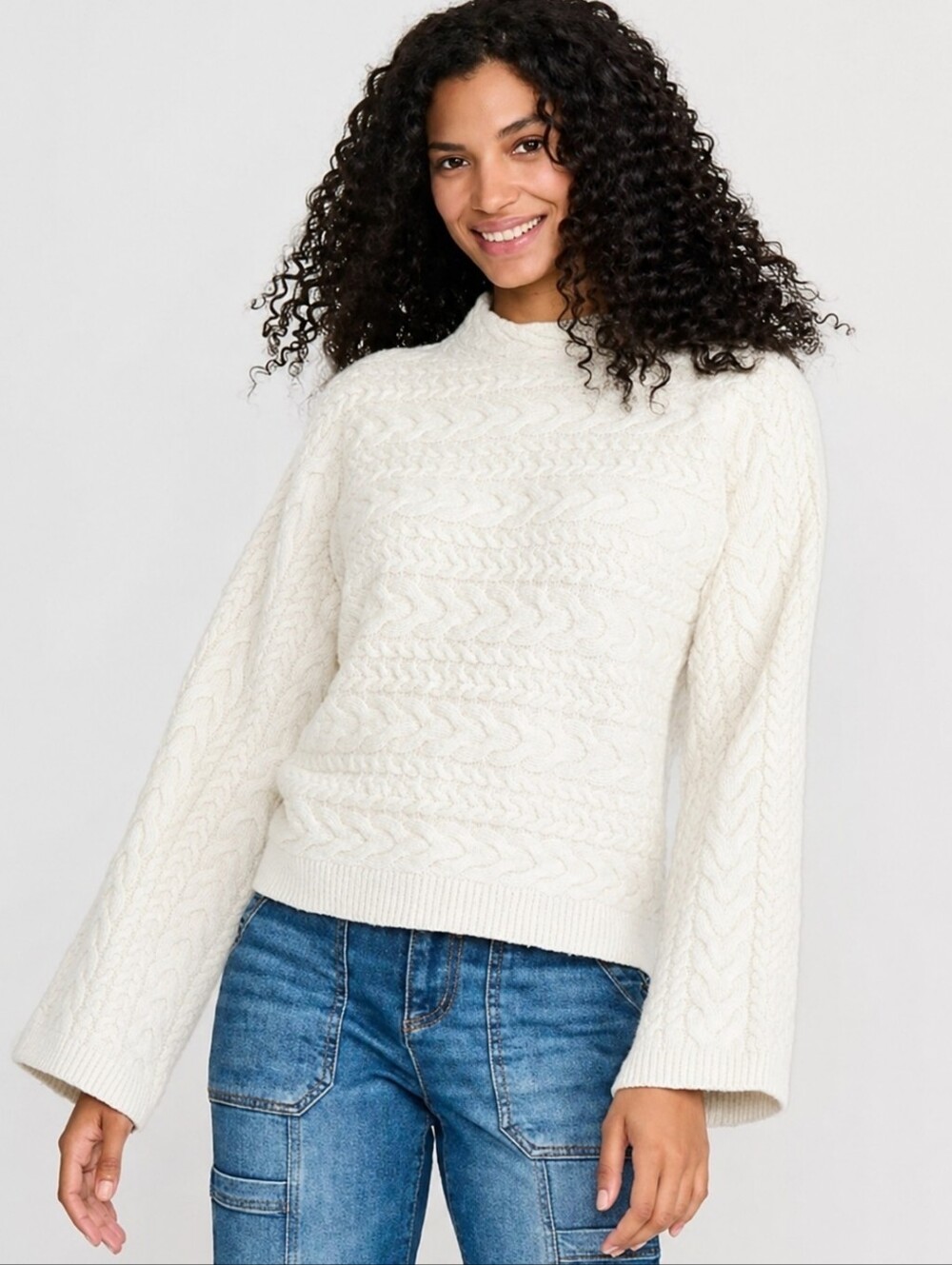 Cottagecore Boucle Funnel Neck All Over Cable Knit Land's End Sweater Size L